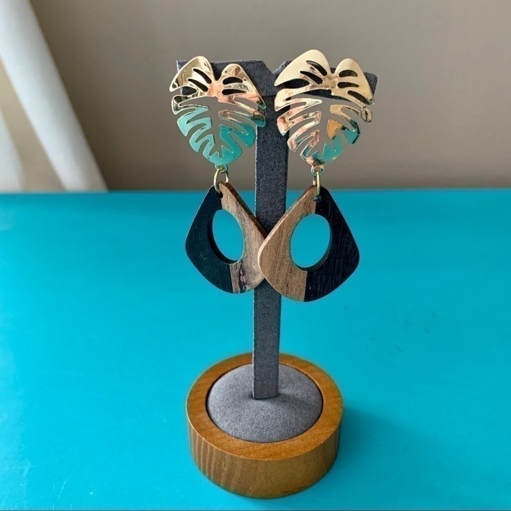 Gold and Wood Handmade Monstera Leaf Earrings
